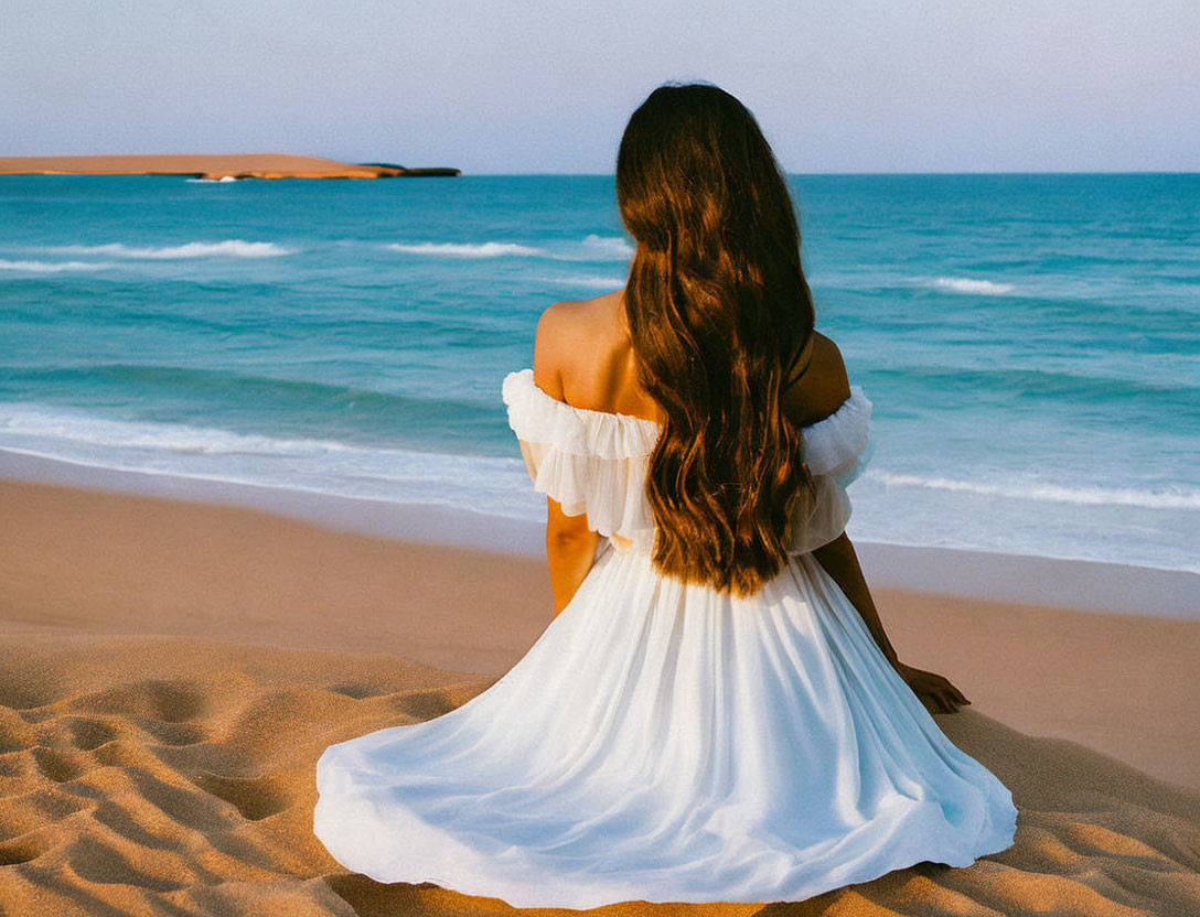 Woman in White Dress on Tranquil Beach Scene