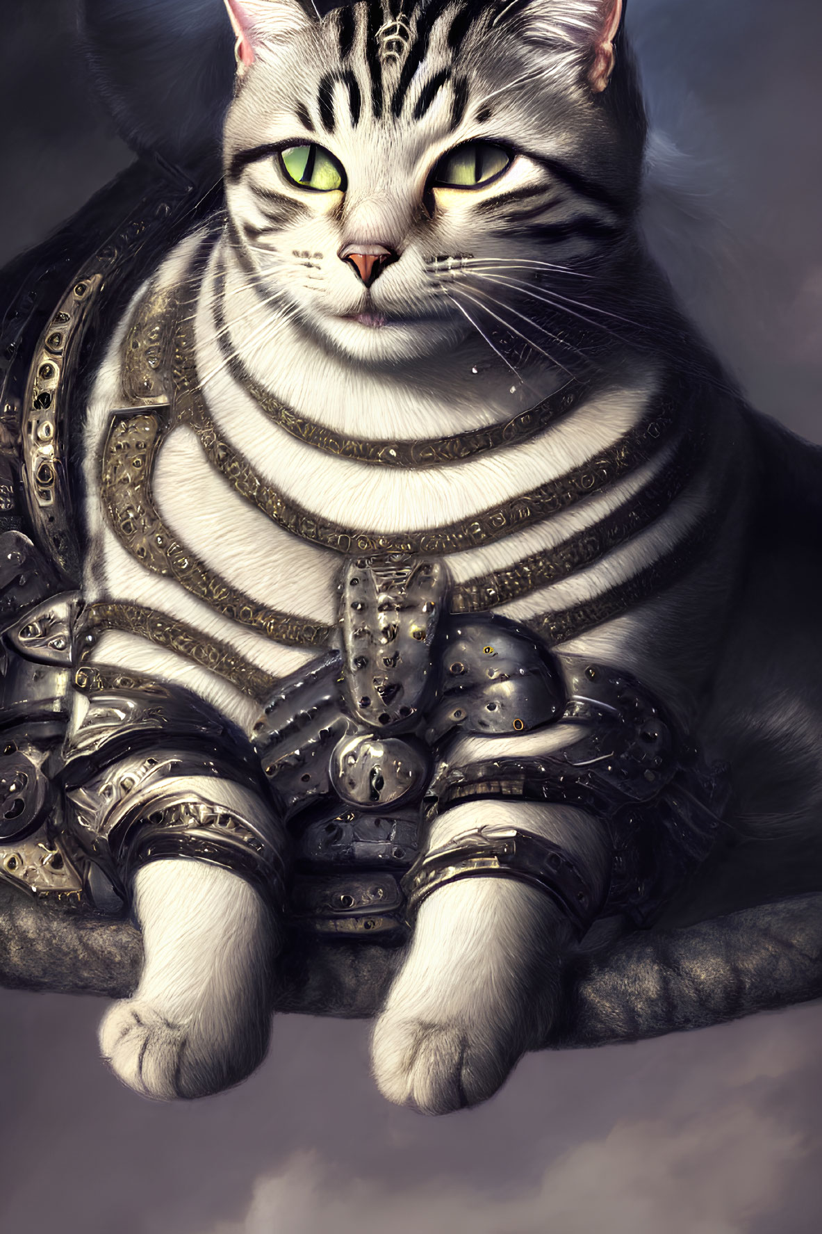 Regal cat in detailed medieval armor with striking green eyes