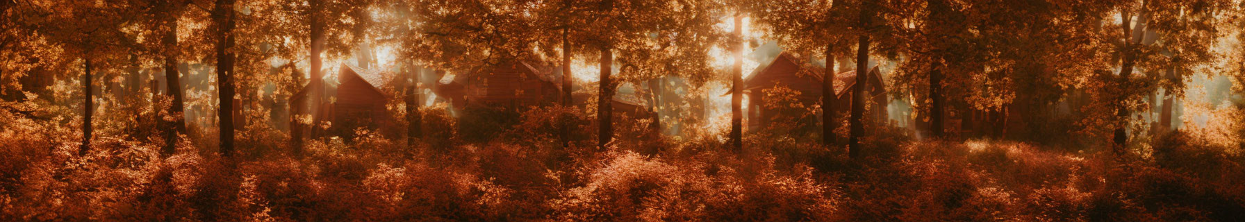 Serene Autumn Forest with Rustic Cabins and Sunlight