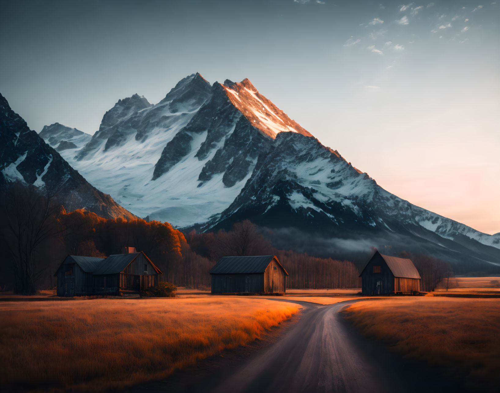 Tranquil landscape with dirt road, cabins, and snow-capped mountain