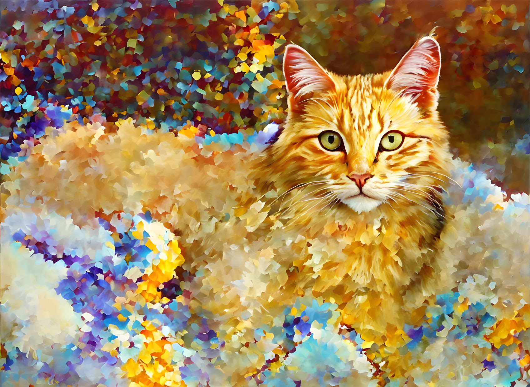 Fluffy Orange Cat Amid Colorful Abstract Patterns