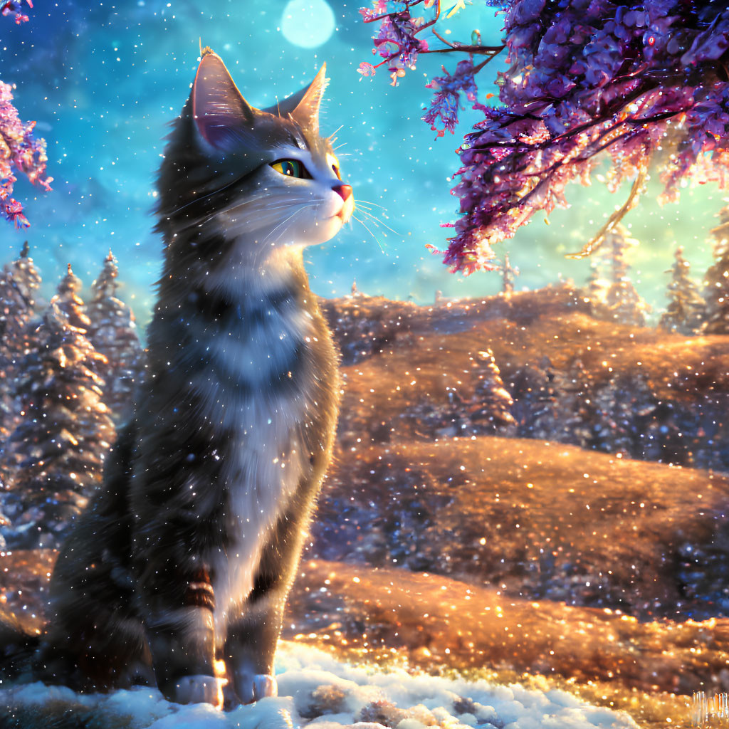 Majestic Cat in Scenic Landscape with Blossoms and Snow