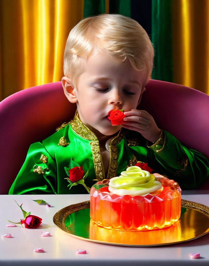 Child in Green Jacket Sitting on Purple Chair Touching Red Flower on Jelly Dessert