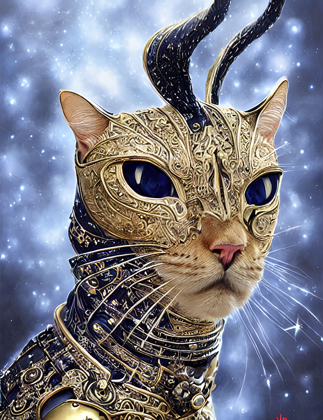 Regal Feline in Ornate Armor Under Starlit Sky