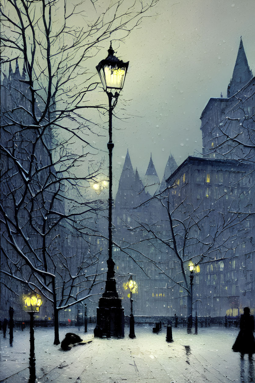 Snowy Street Scene at Dusk with Vintage Lampposts