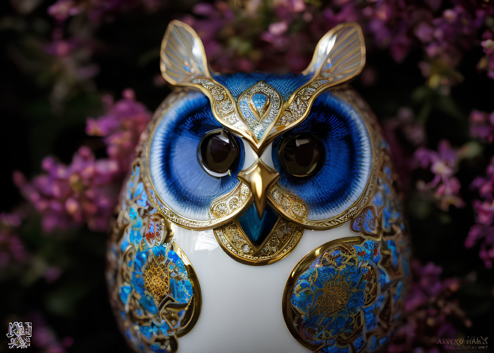 Blue and Gold Patterned Owl Figurine on Purple Flower Background