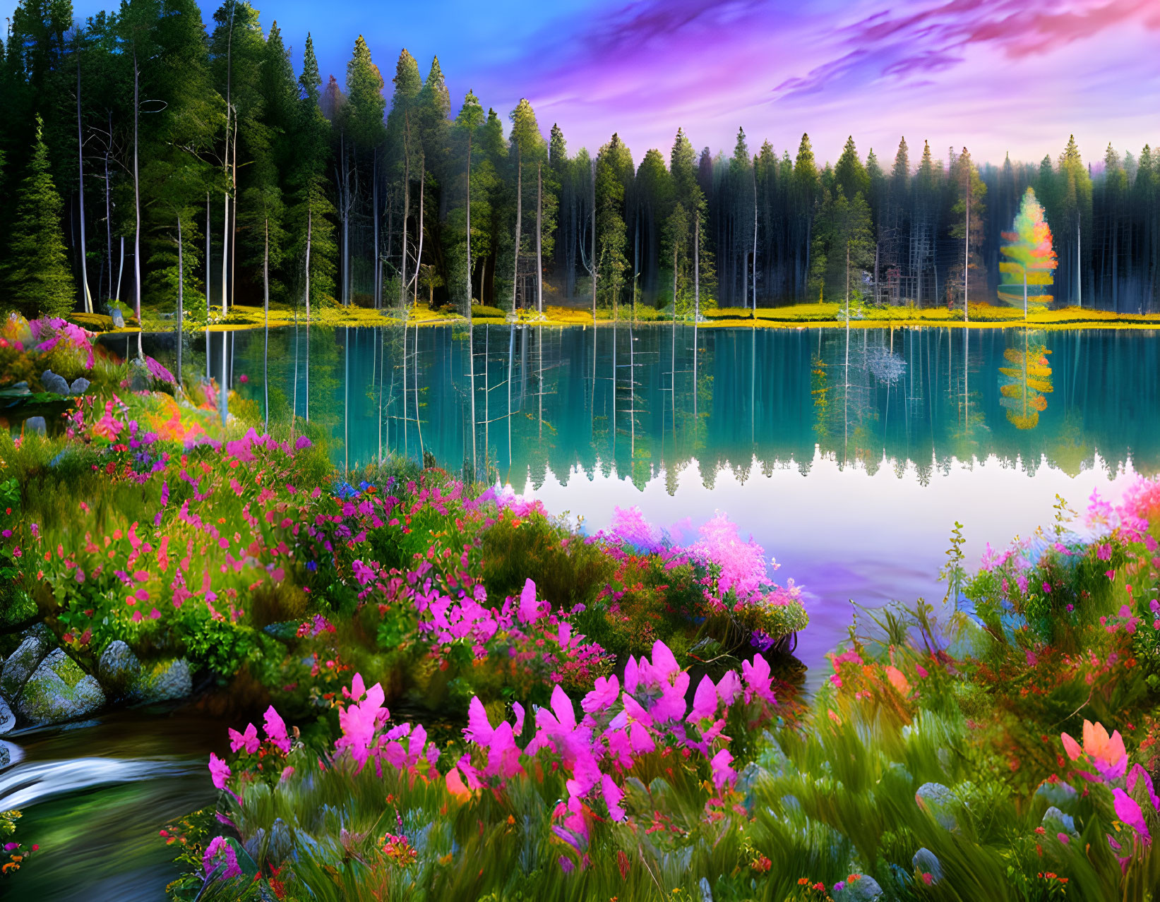 Tranquil Lake Surrounded by Vibrant Wildflowers