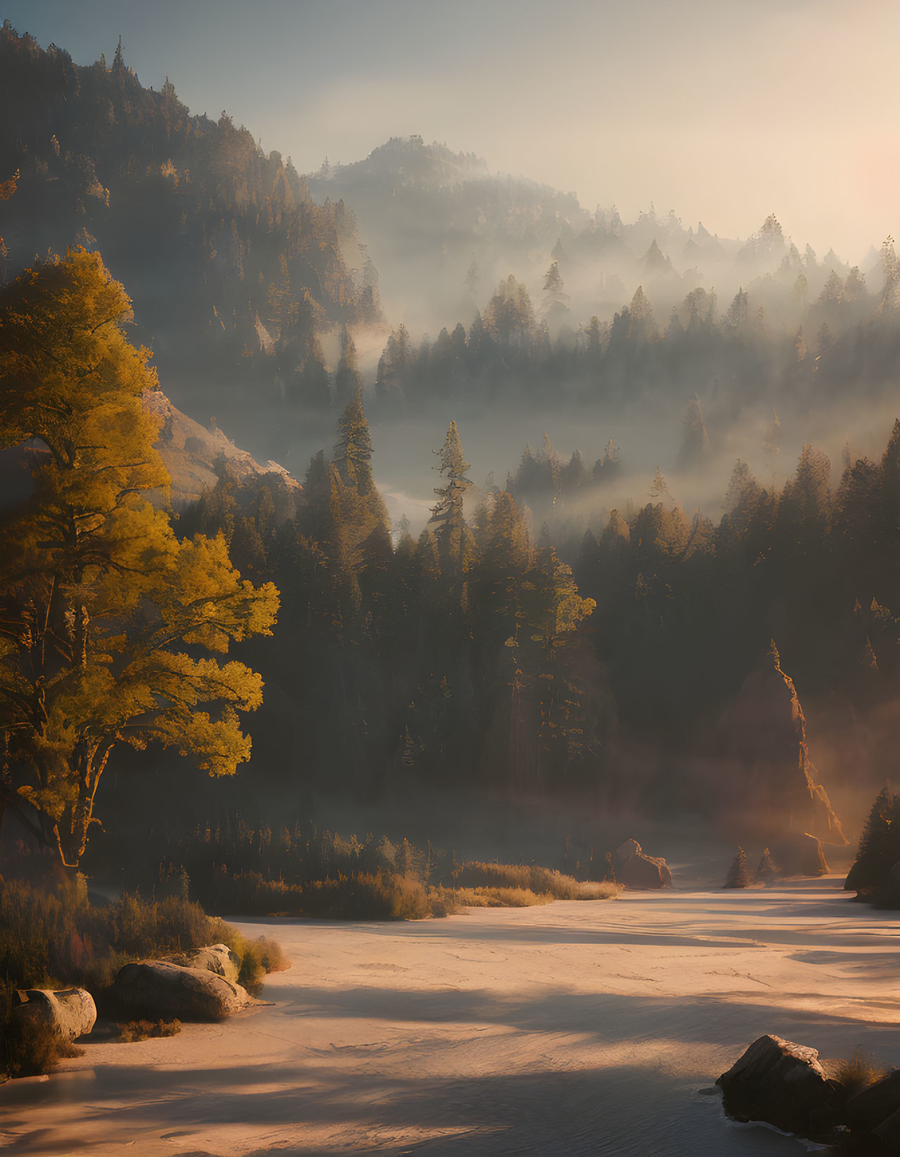 Autumn forest landscape with mist, golden sunrise, and frost-covered river