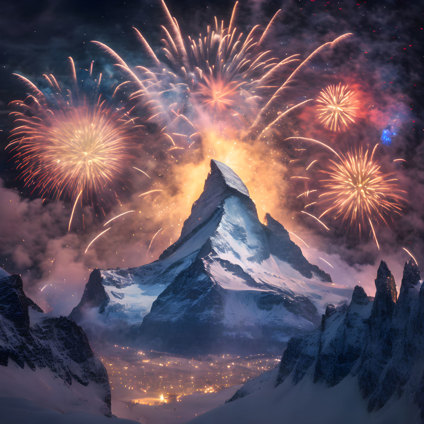 Mountain Peak with Colorful Fireworks at Twilight