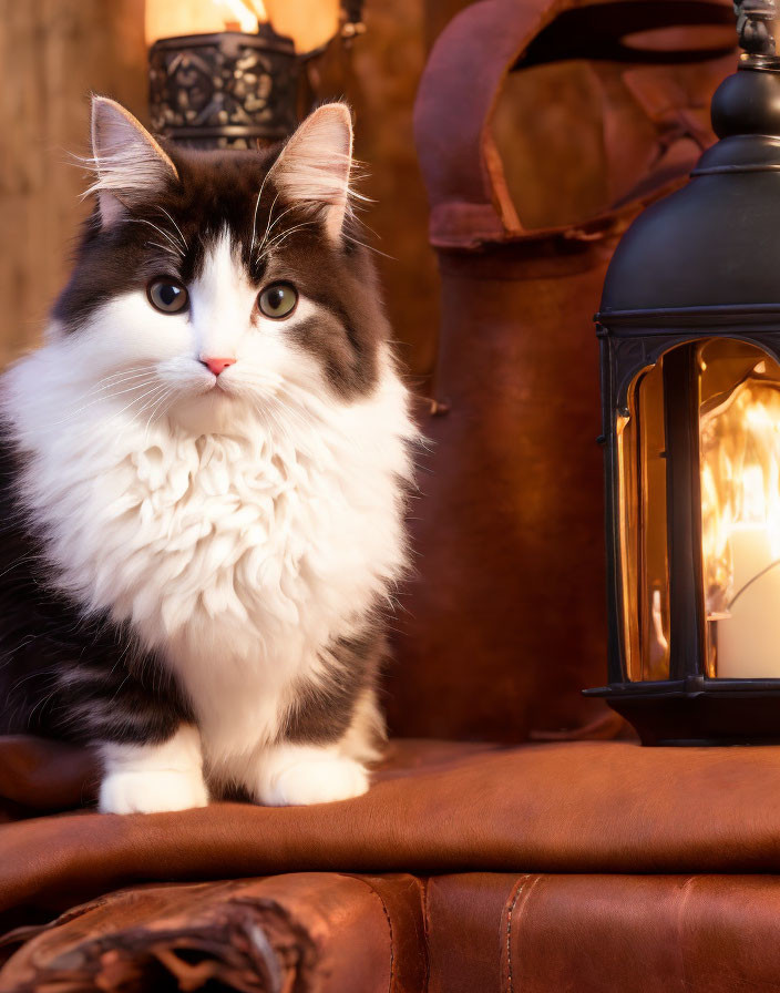 Fluffy Black and White Cat Beside Glowing Lantern on Leather Surface