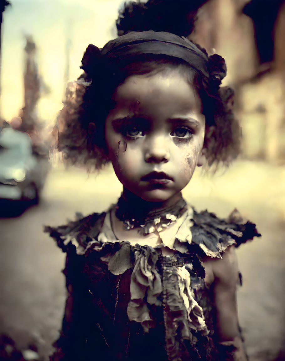 Young girl with smudged makeup and tears in tattered dress in urban setting