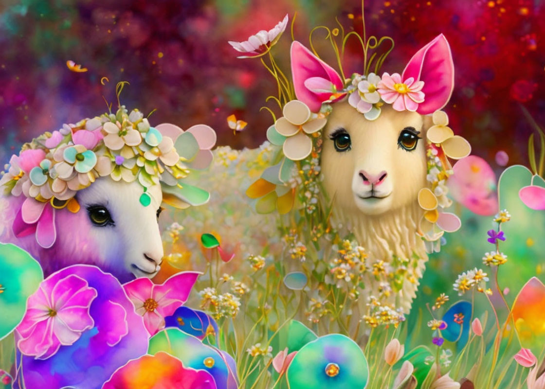 Whimsical Sheep in a Colorful Floral Landscape