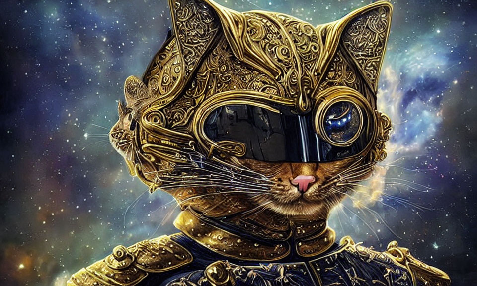 Golden Cat in Futuristic Helmet Against Cosmic Background