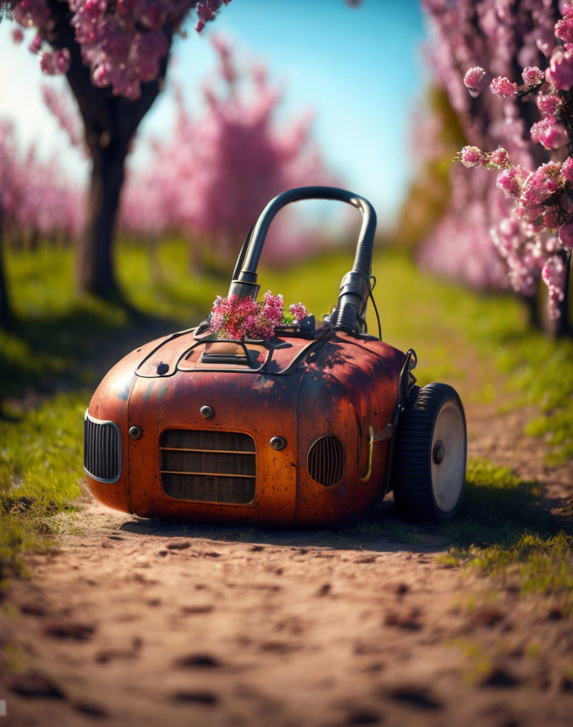 Car-shaped lawnmower under pink blossoming trees on lush grass pathway