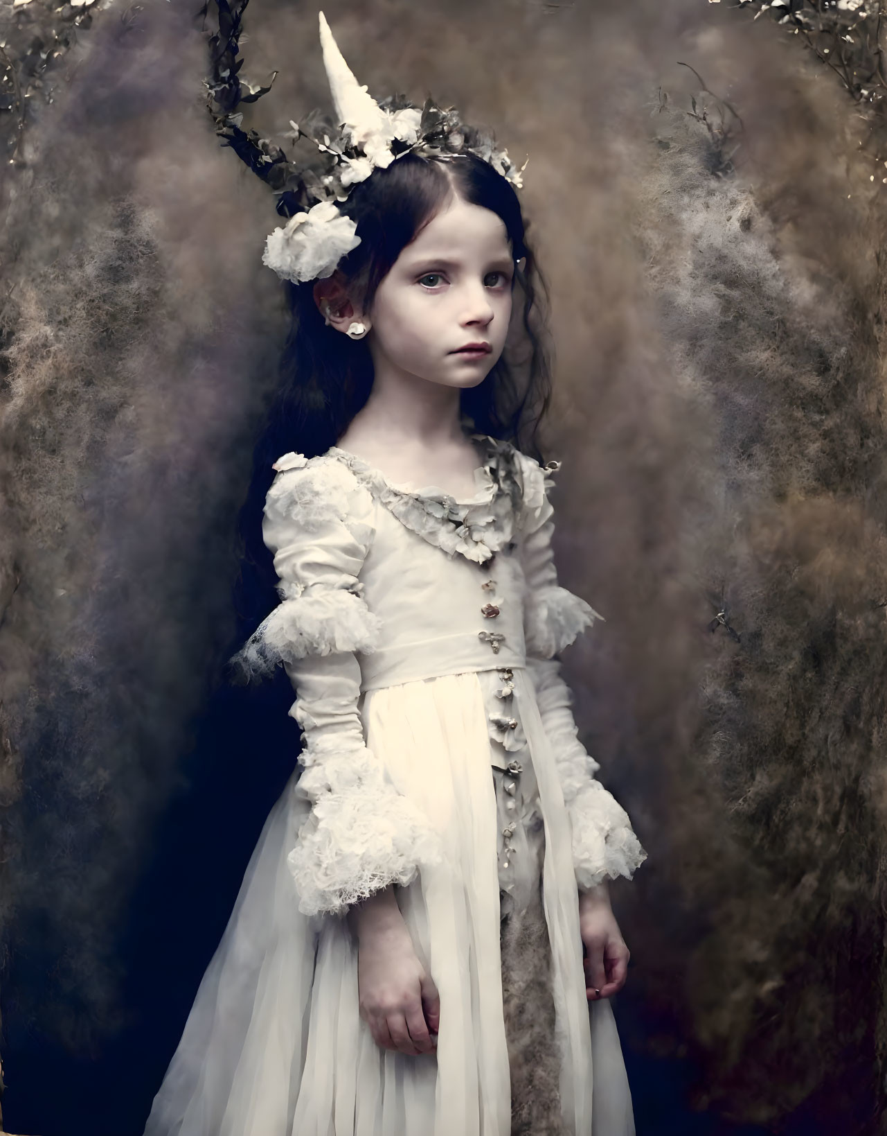 Young girl in vintage dress in whimsical setting