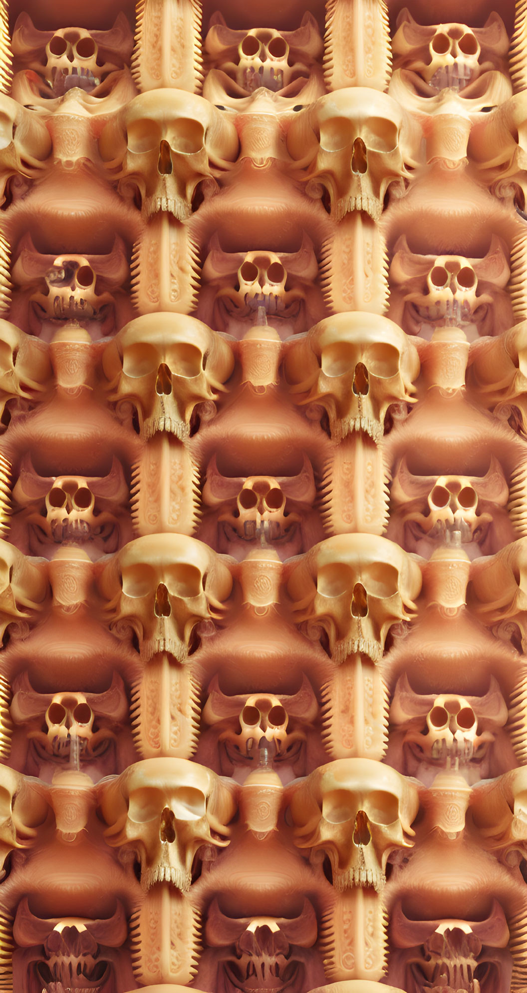 Symmetrical human skulls with intricate carvings on monochromatic backdrop