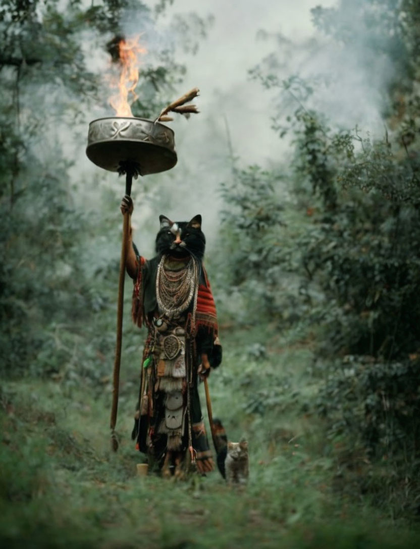 Tribal figure in wolf mask with staff and flaming cauldron in misty forest