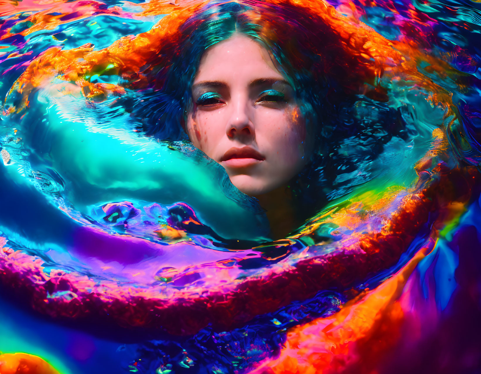 Person submerged in vibrant, swirling iridescent colors