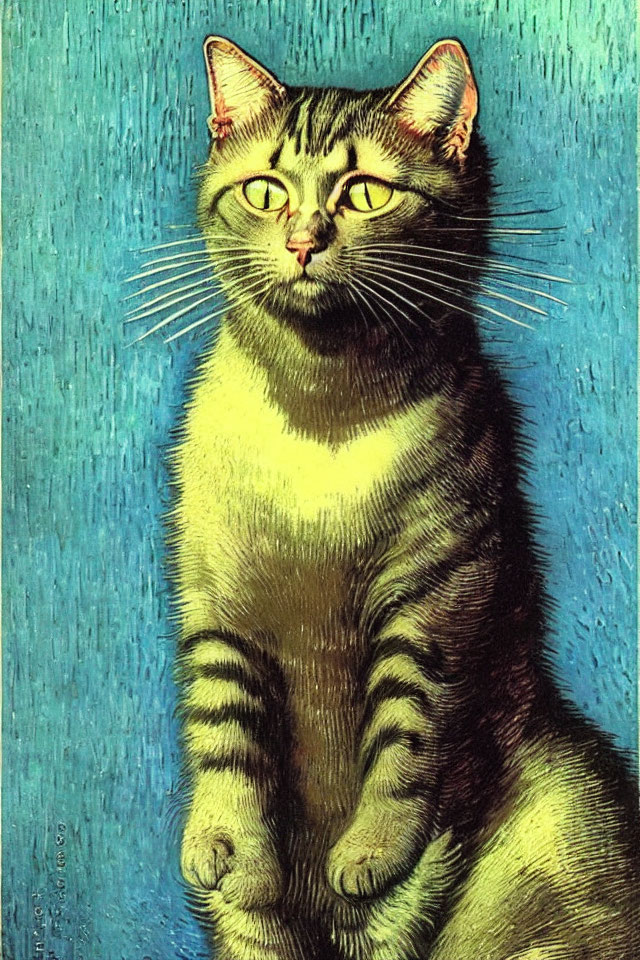 Illustration of a striped cat with yellow eyes on blue