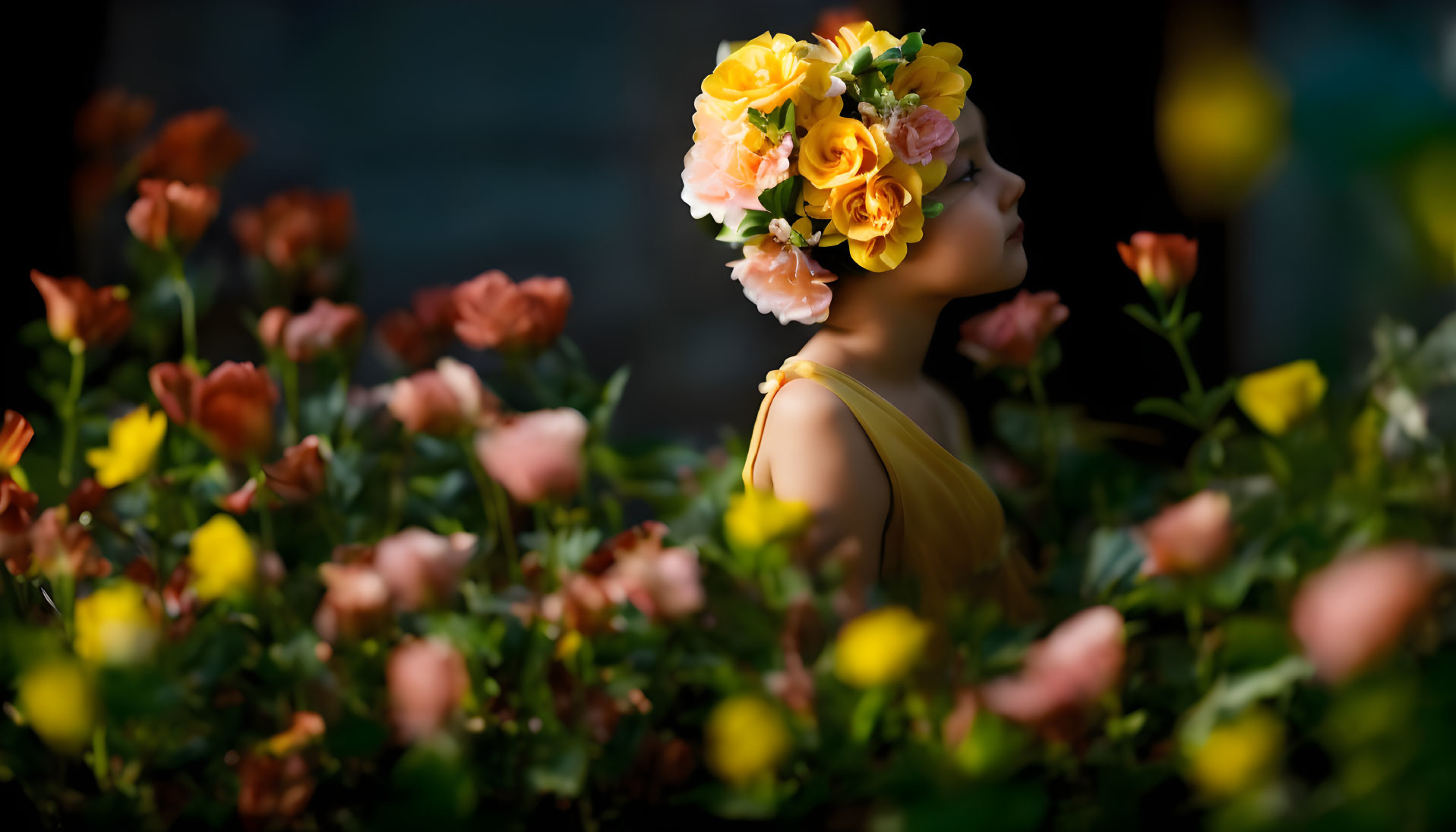 Person wearing vibrant flower crown surrounded by lush flowers