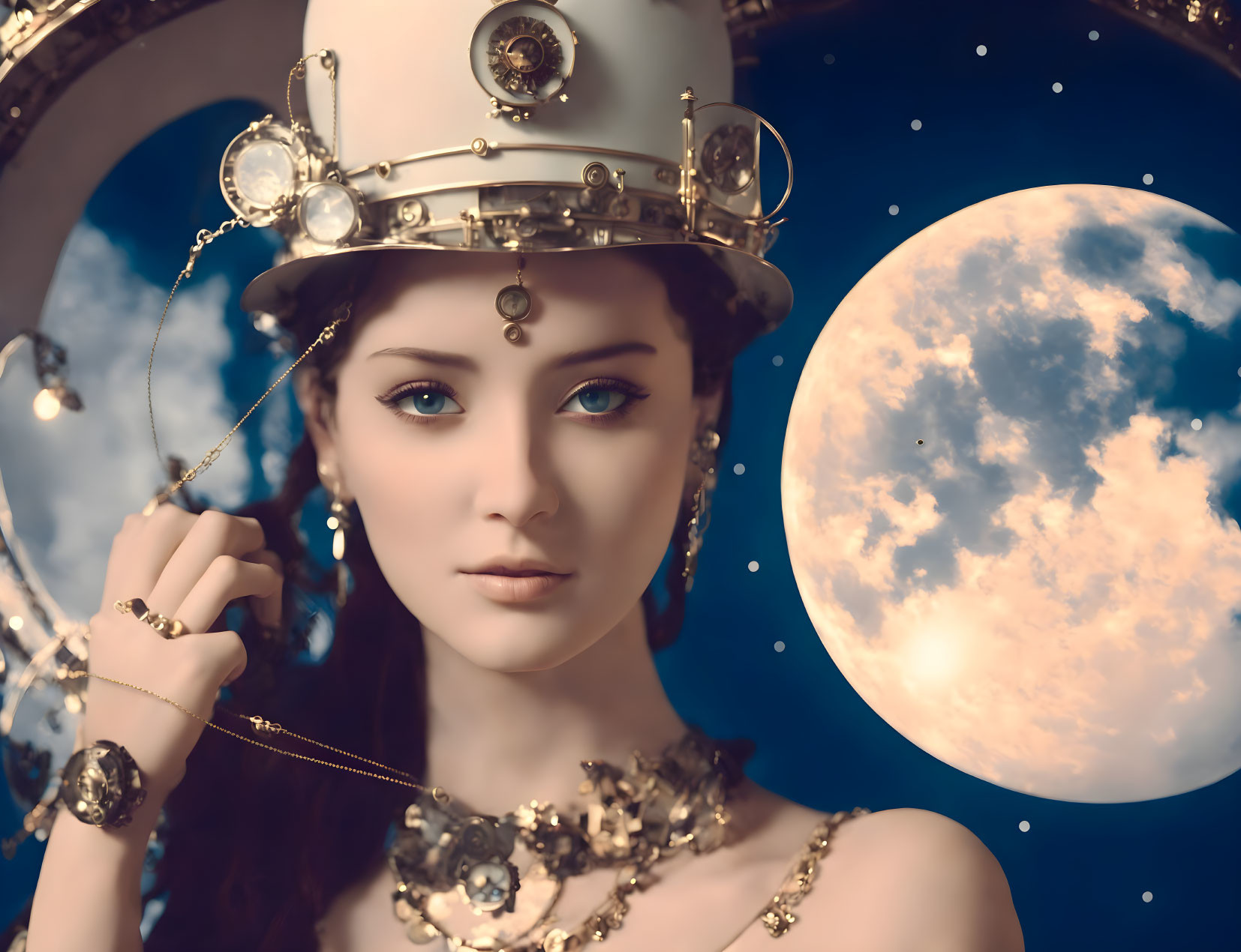 Elegant figure with elaborate hat and moonlit backdrop