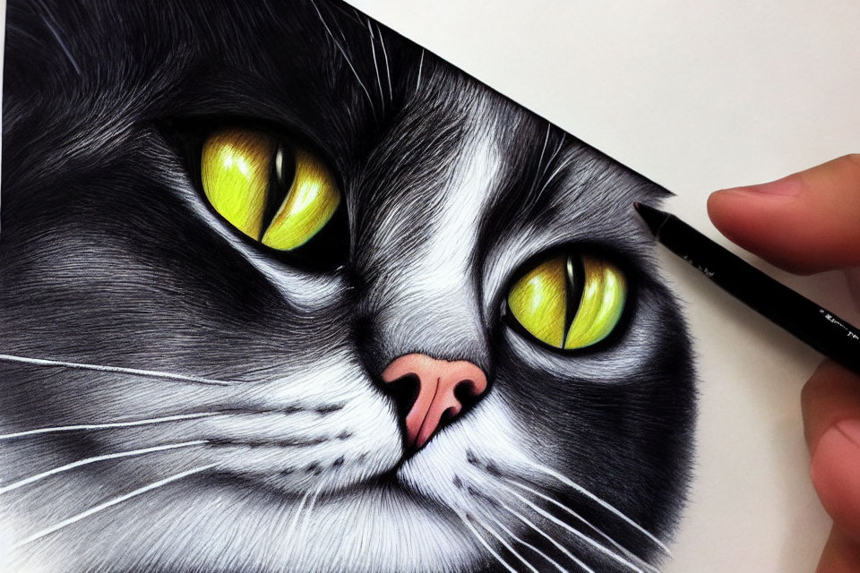 Close-up Illustration of a Cat's Face with Green Eyes