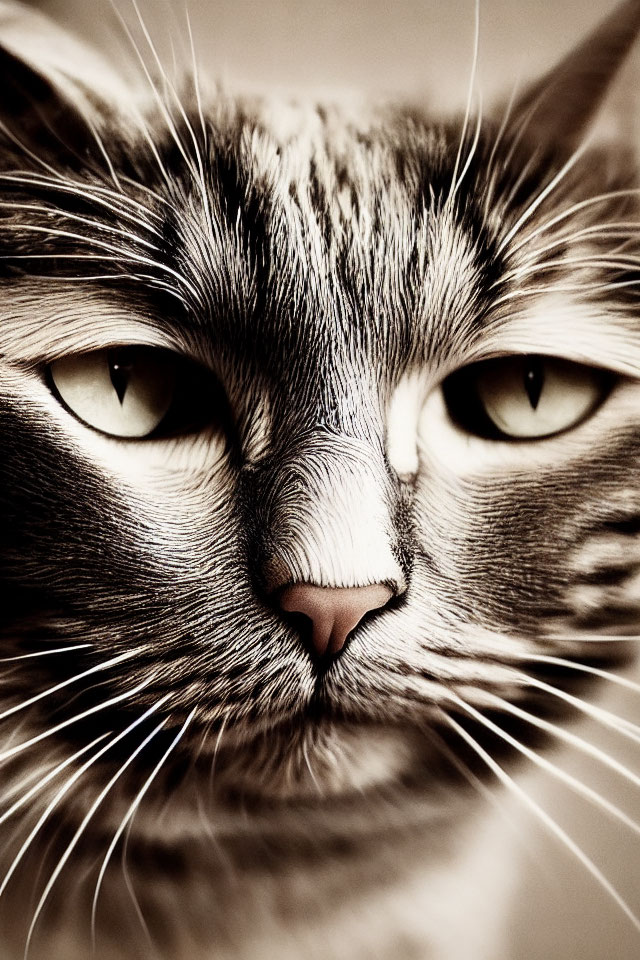 Detailed Close-Up of Cat's Face with Pink Nose and Whiskers in Sepia Tones