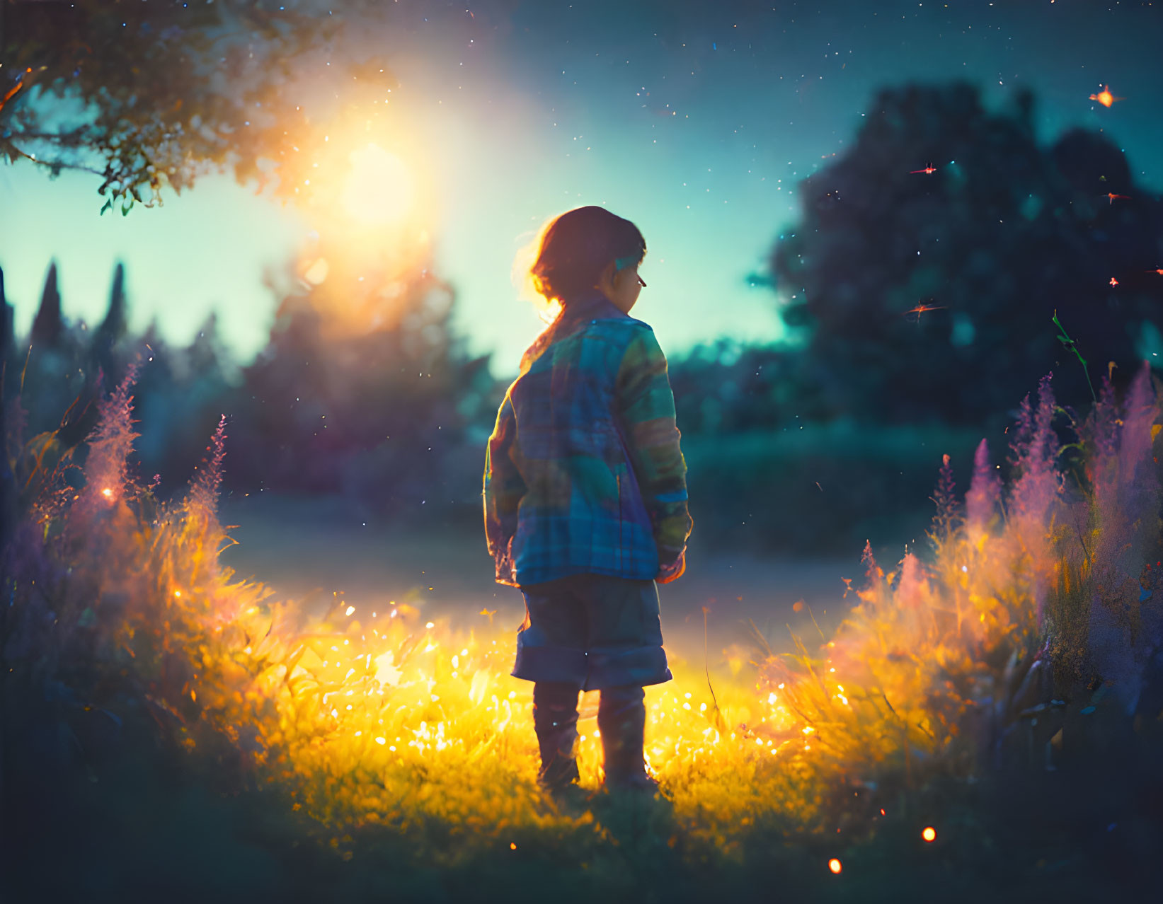 Child in tall grass with fireflies, stars, and bright light at twilight