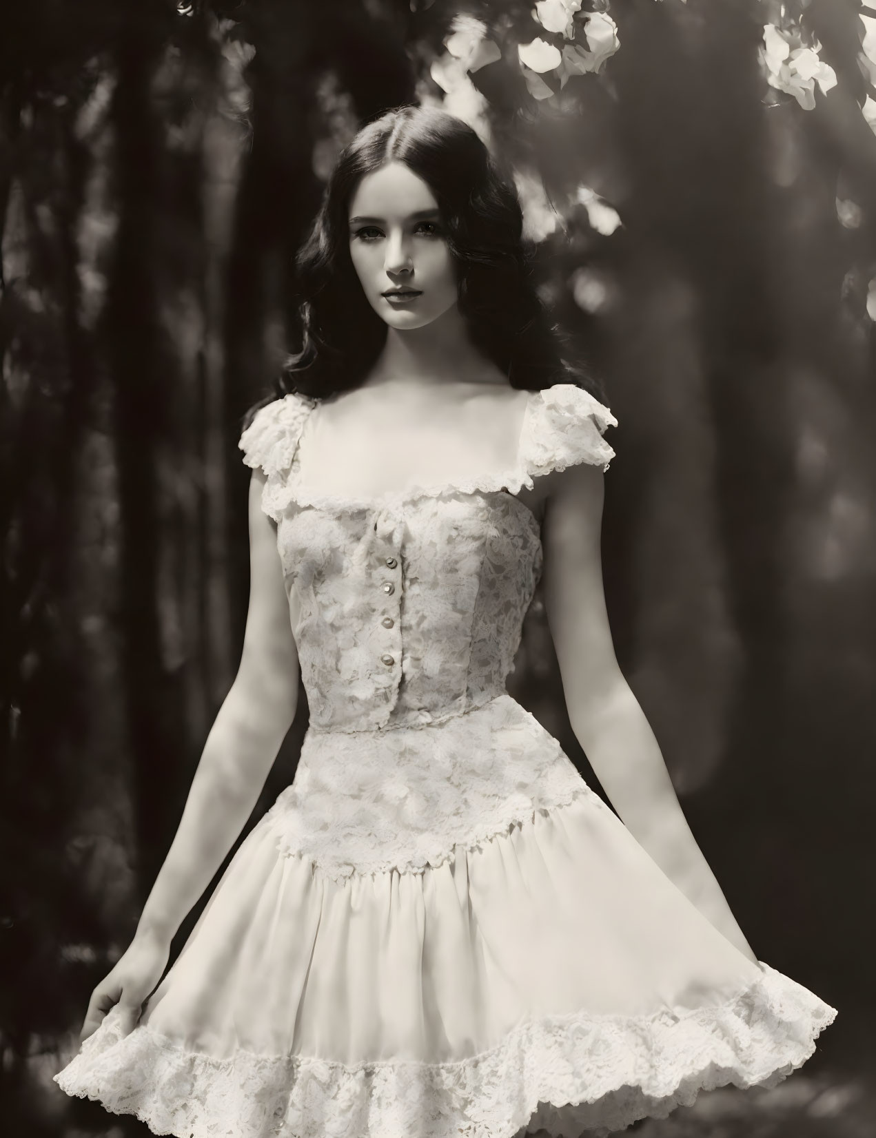 Young woman in vintage floral lace dress in soft light