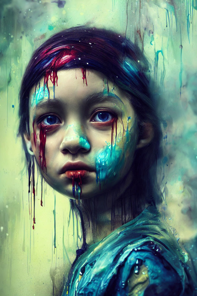 Child portrait with blue and red paint streaks and captivating red eyes