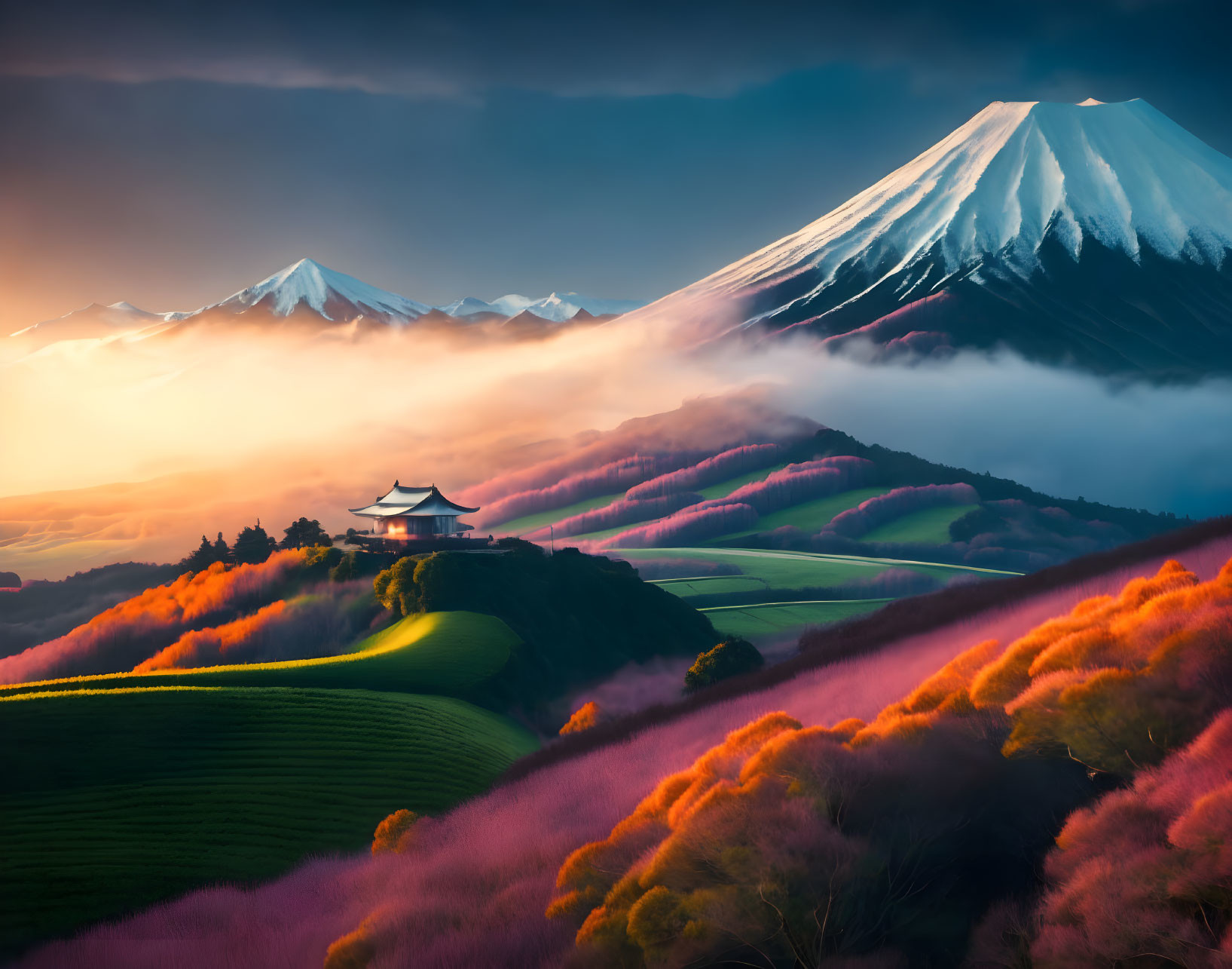 Iconic Mount Fuji with pagoda, clouds, and sunrise foliage