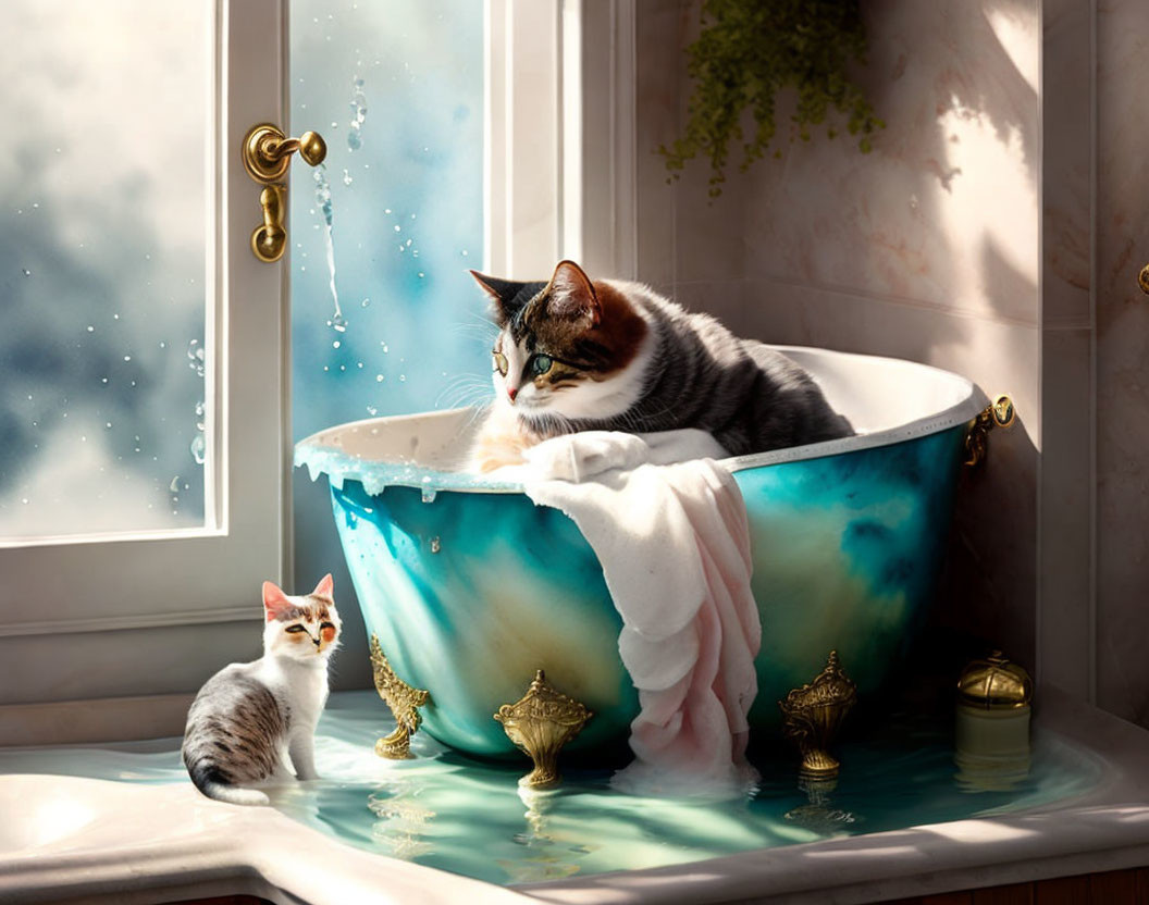 Two cats in luxurious bathtub with floating water droplets