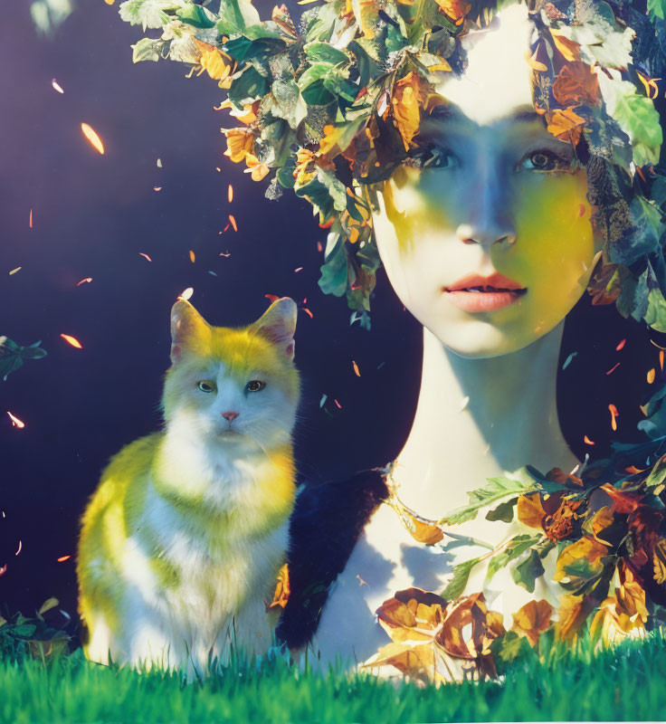 Serene figure with leafy crown and fluffy cat