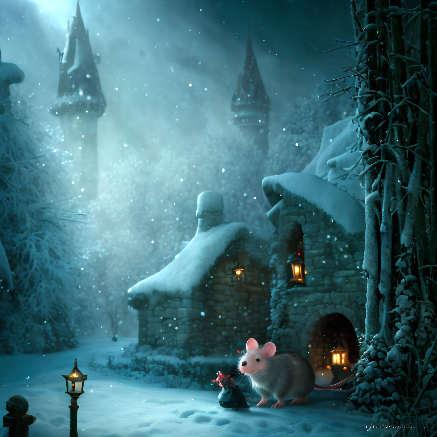  fairytale mouse in winter landscape