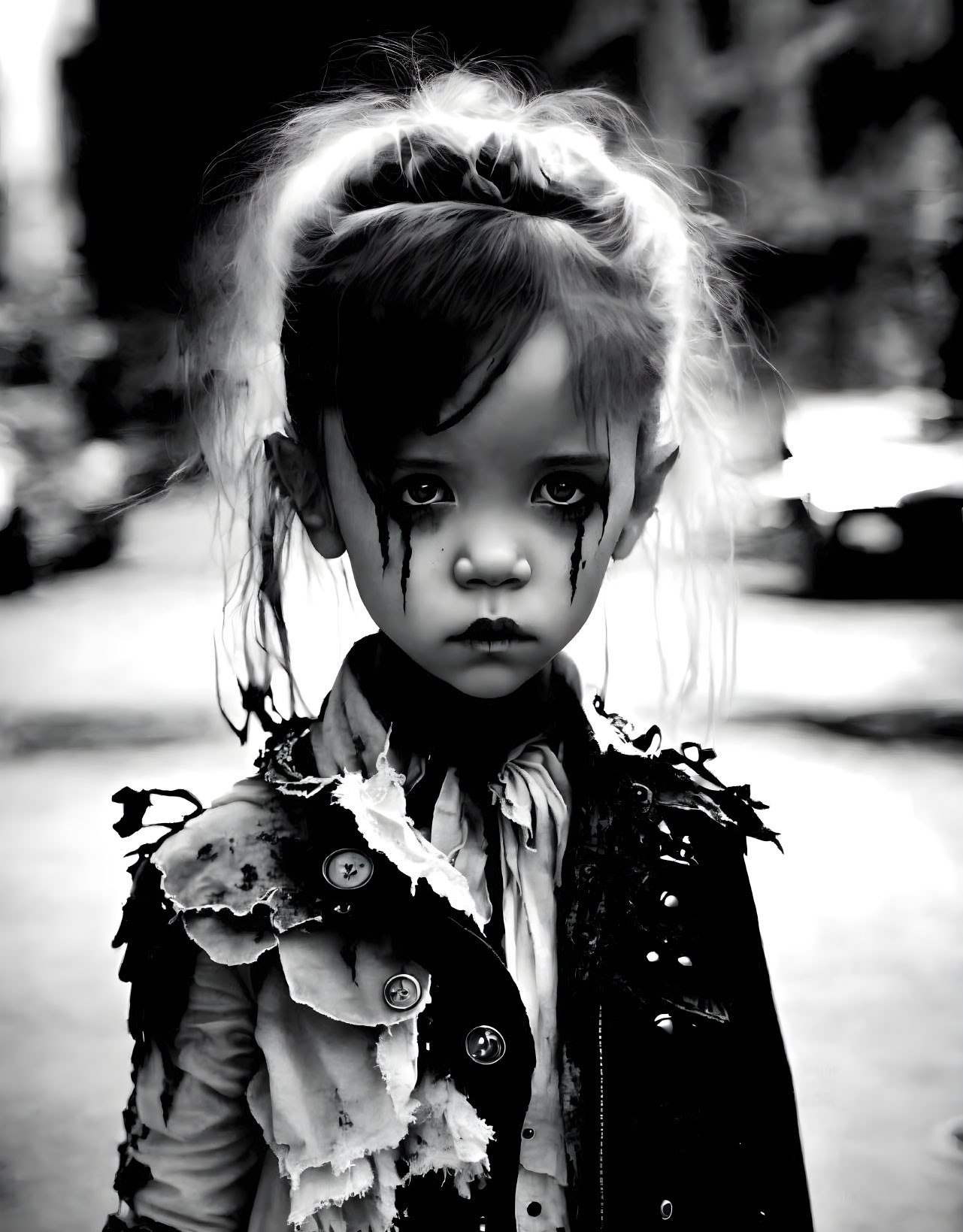 Monochrome image of young child with dramatic dark makeup and goth-like style