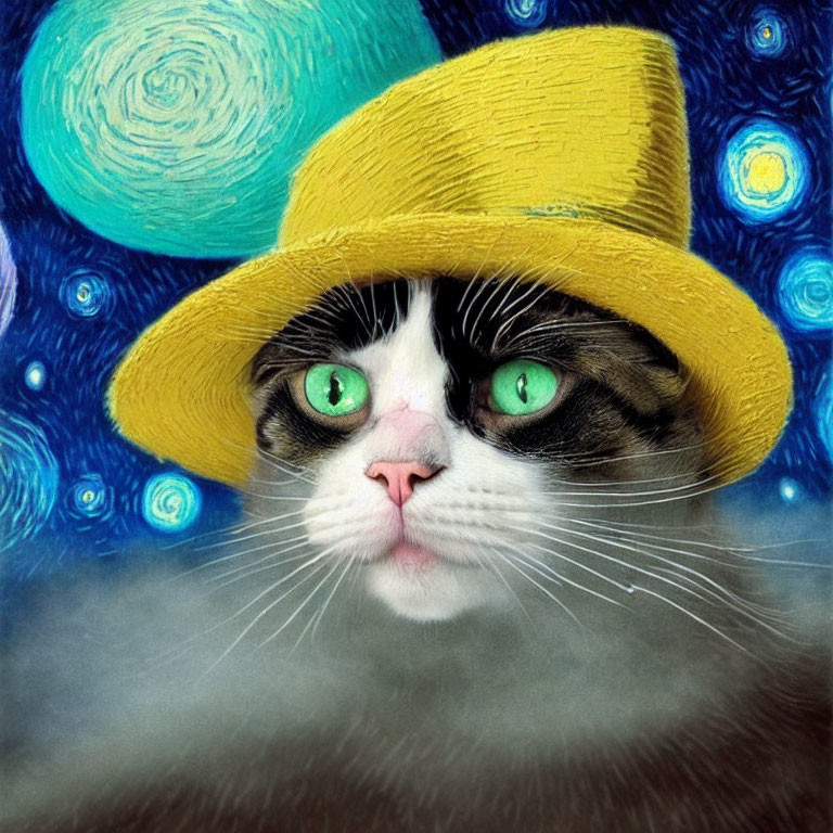 Whimsical Cat Portrait with Green Eyes and Yellow Hat