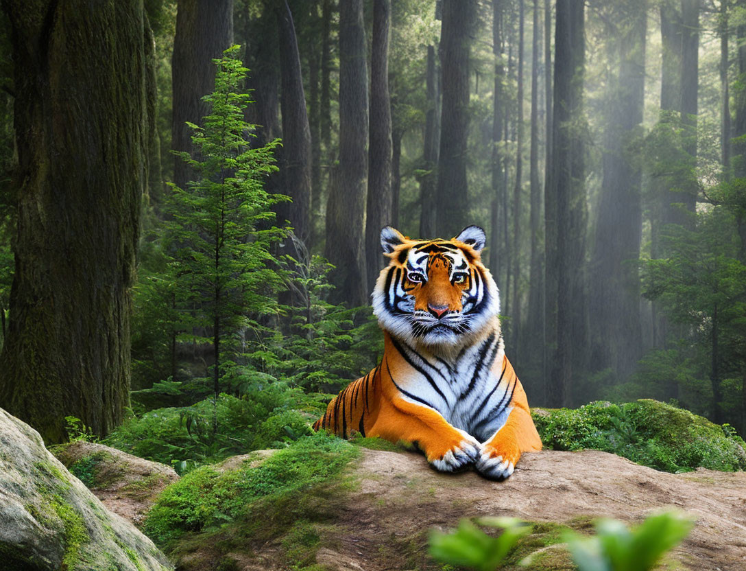 Majestic tiger on mossy rock in serene forest