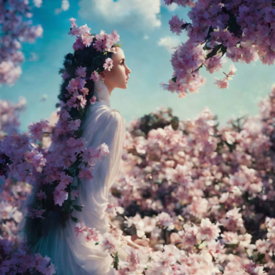 Serene Figure with Floral Crown in Blooming Spring Scene