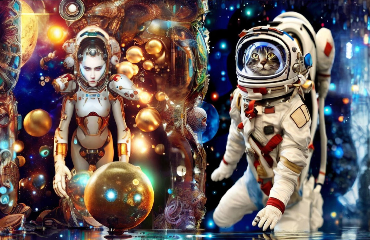 Futuristic Humanoid and Astronaut Cat in Cosmic Scenes