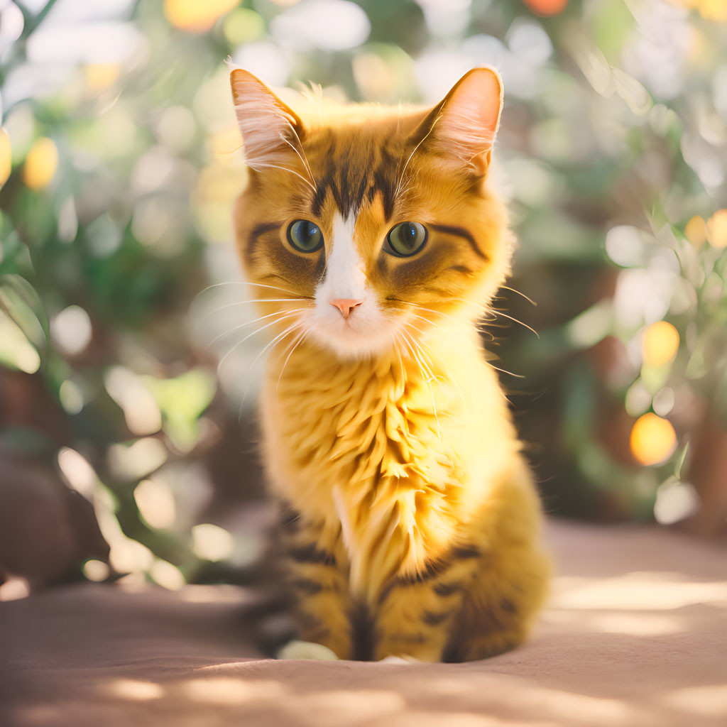 Fluffy orange cat with green eyes in serene greenery