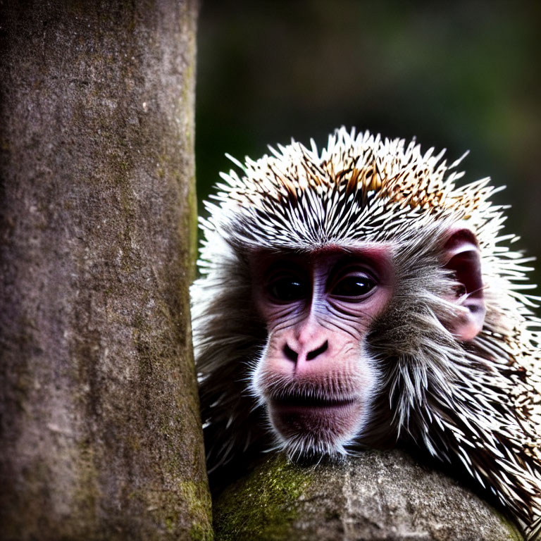 Curious monkey with white spiky hair behind a tree