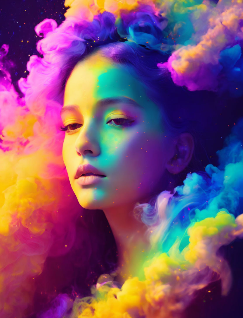 Vibrant multicolored smoke surrounds dreamy young person in vivid lighting