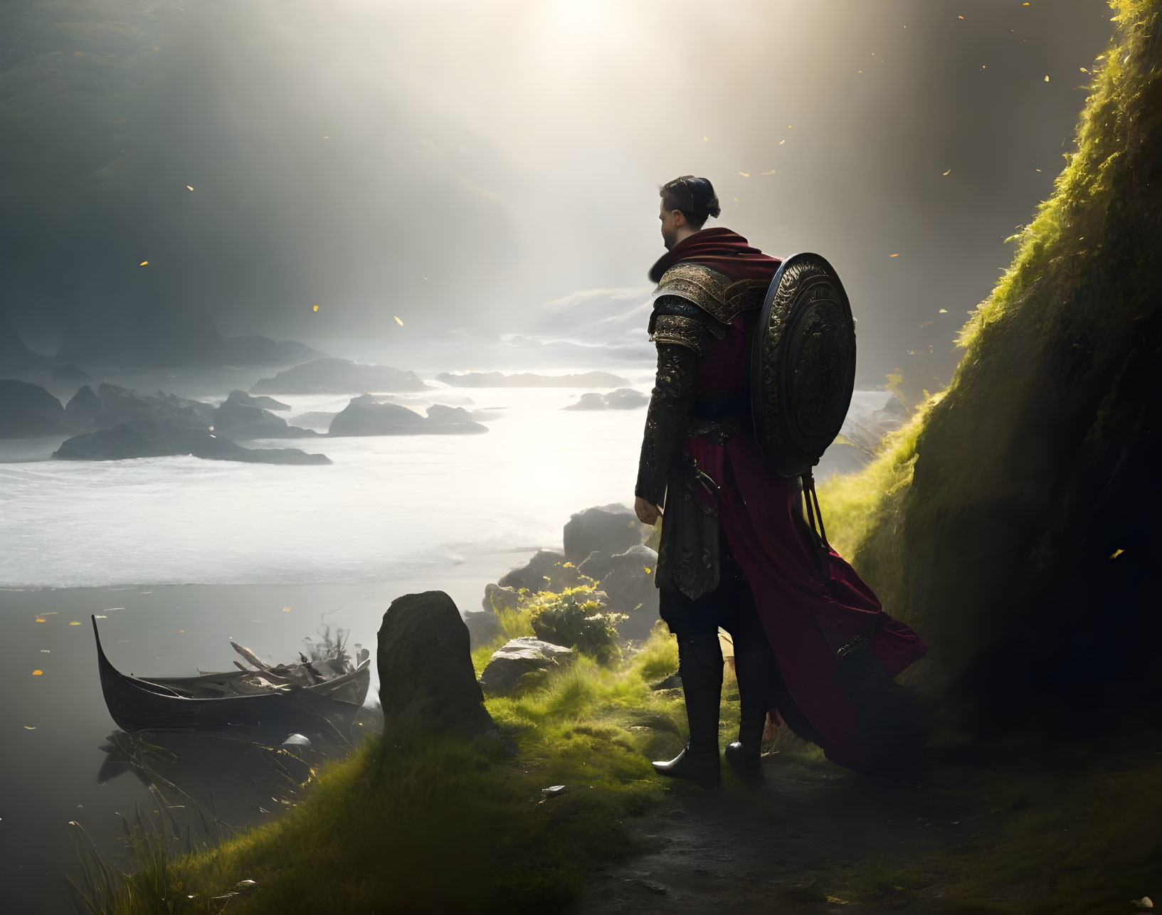 Majestic warrior in red cloak on grassy cliff overlooking misty sea