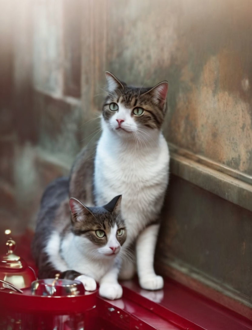 White and Grey Cats Next to Red Surface and Tea Set