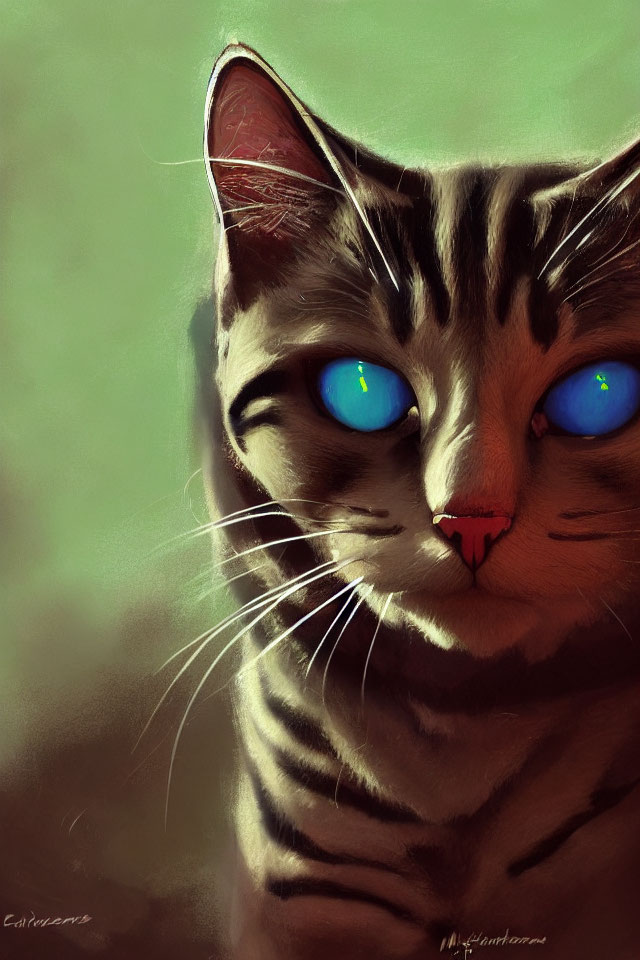 Tabby Cat Digital Painting with Blue Eyes and Whiskers