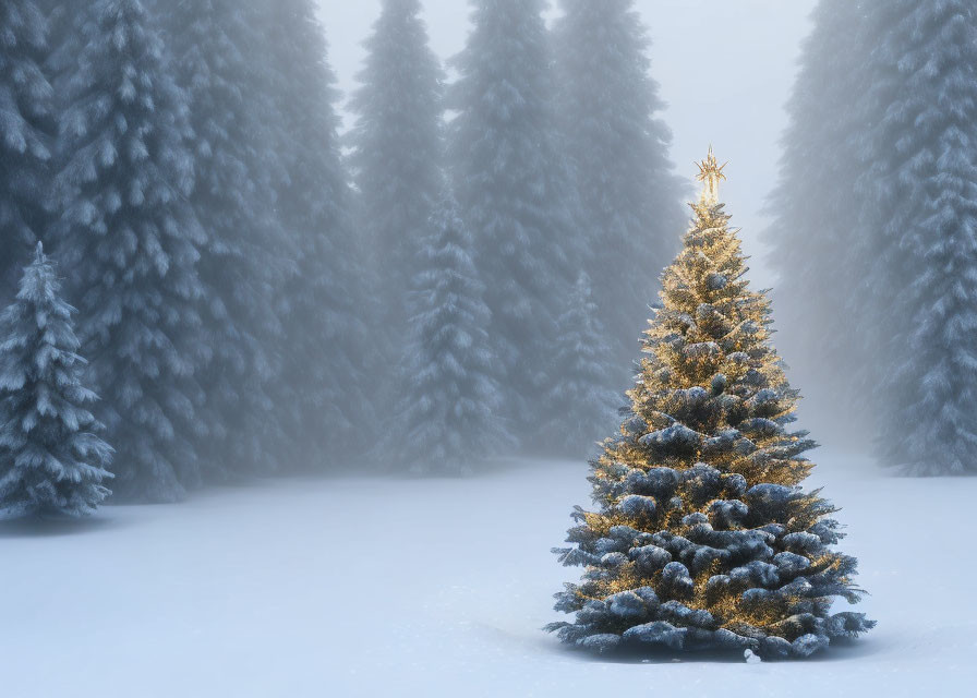 Decorated Christmas tree with star in snowy forest scene