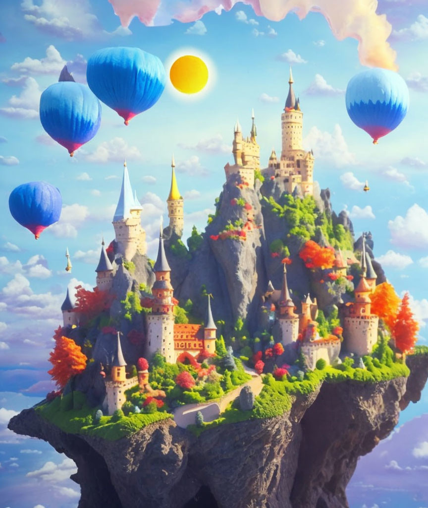 Whimsical Floating Island with Vibrant Castle and Balloons