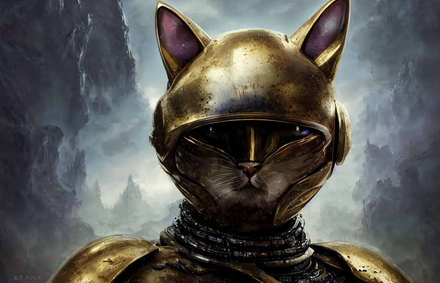 Golden-helmeted cat character with pink inner ears in dark misty setting