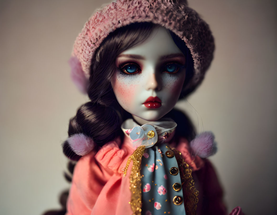 Porcelain doll with pink beret, peach jacket, and white bow