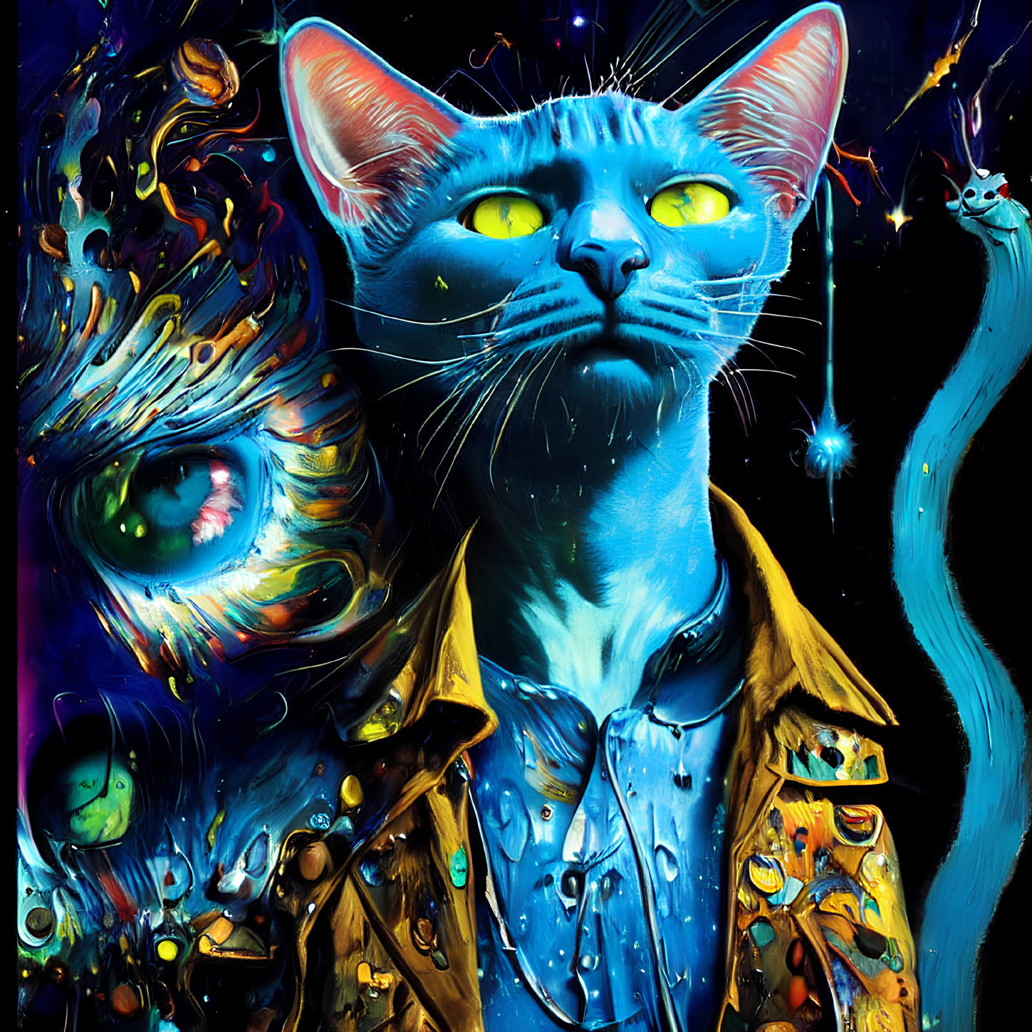 Blue Cat in Yellow Jacket Against Cosmic Background